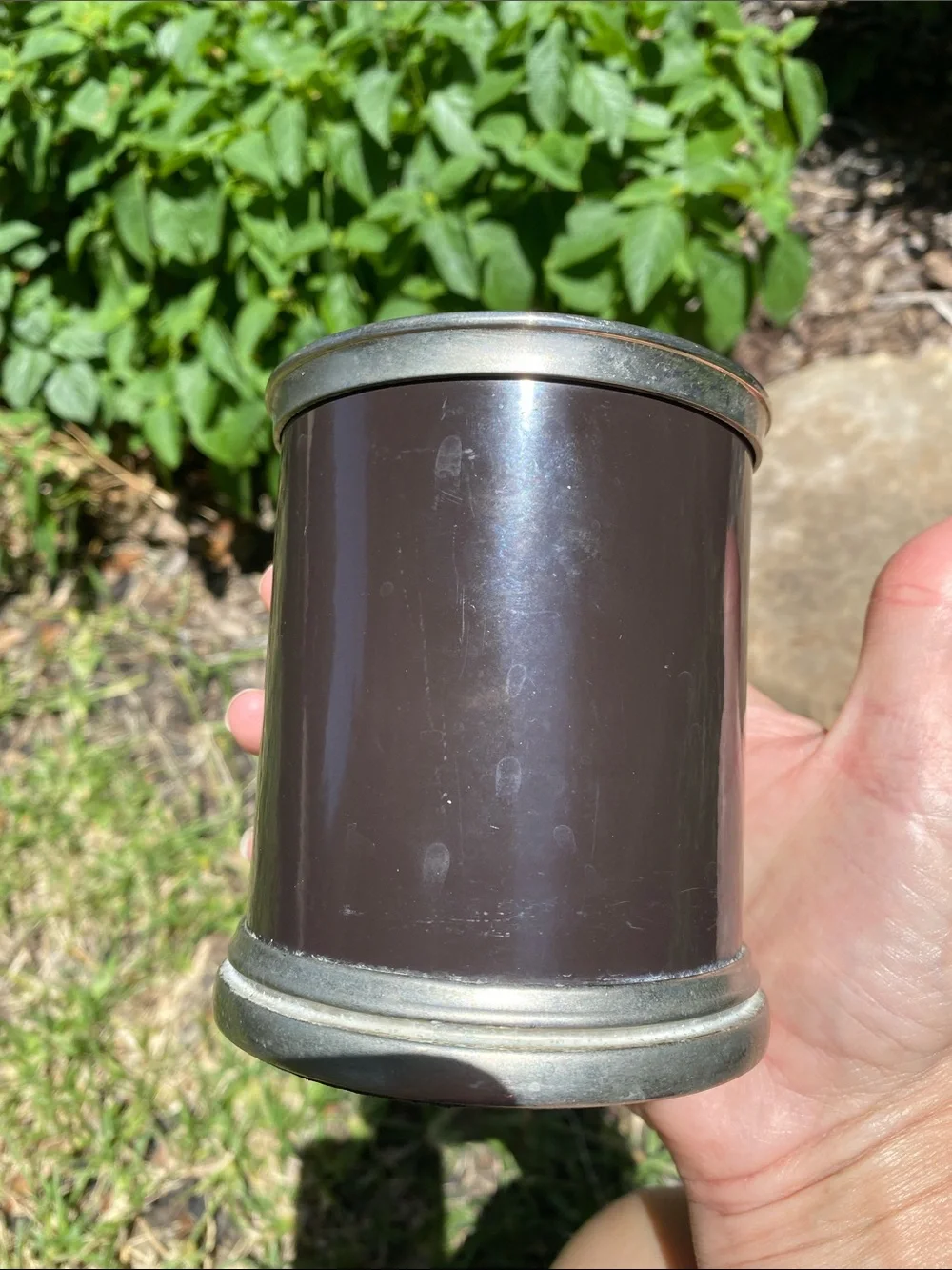 Classic Dark Brown Metal Decorative Holder with Silver Trim 4” high